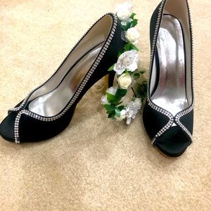 Women Pumps Peep Toe Rhinestones Platform High heel black